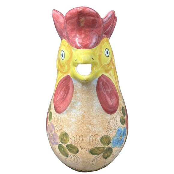 Floral Ceramic Rooster Pitcher made in Orvieto Italy 10.5 Inches Tall - Picture 3 of 6